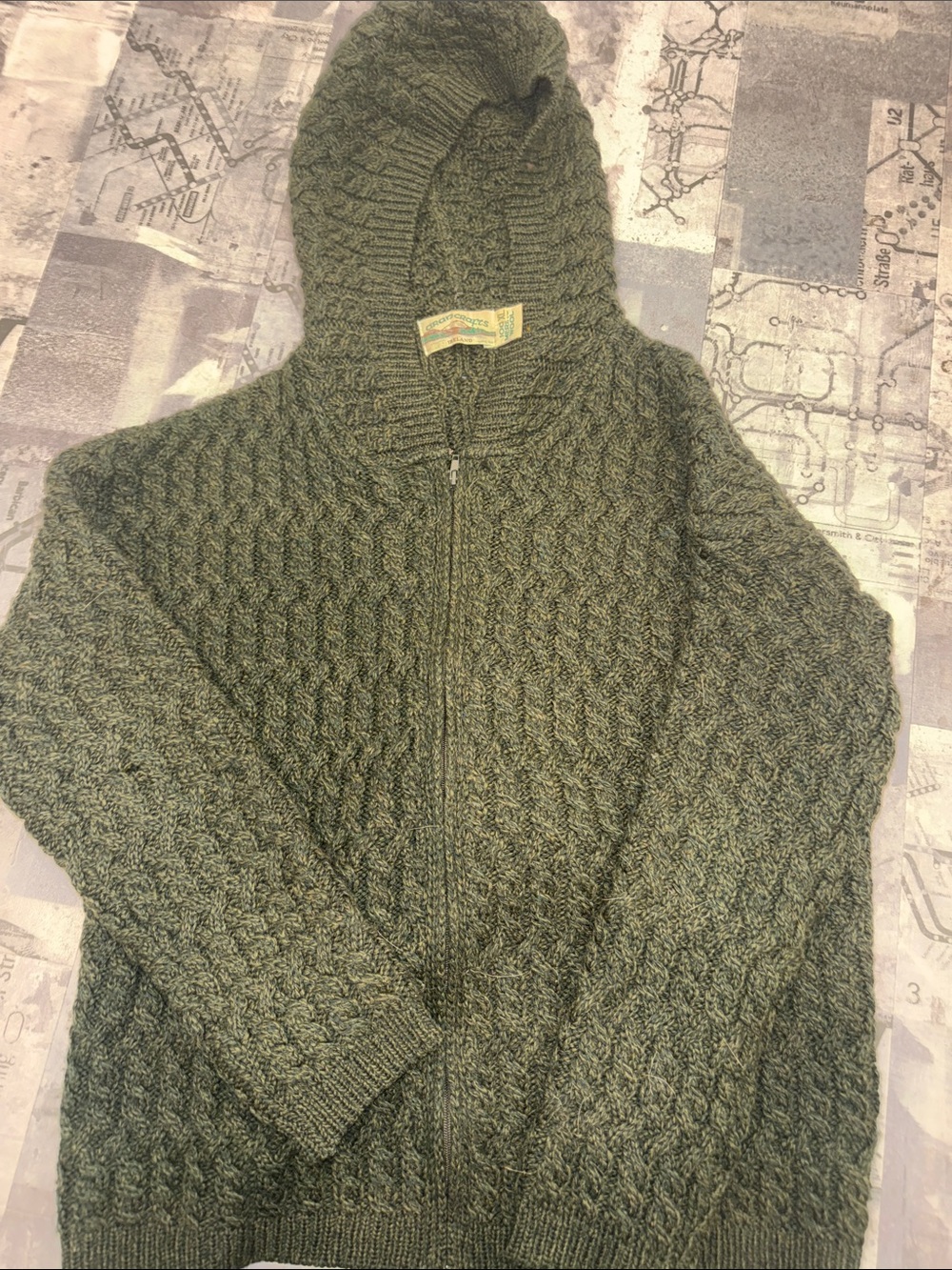 Aran Crafts Olive Green Hooded Cable Zip Sweater PLEASE READ ENTIRE DESCRIPTION